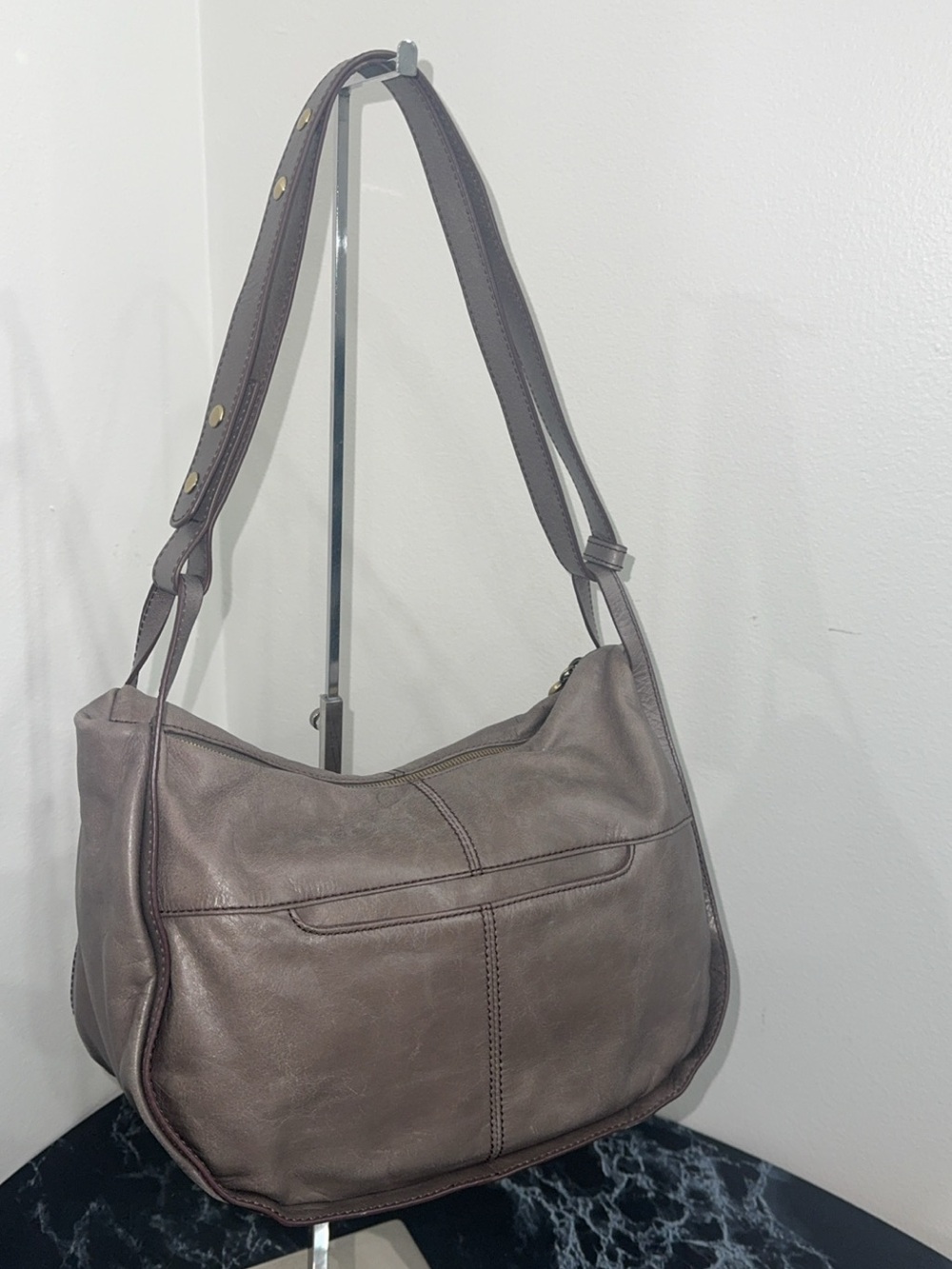 HOBO Handbag Leather Shoulder Bag Gray Medium Size AUTHENTIC - Picture 10 of 14